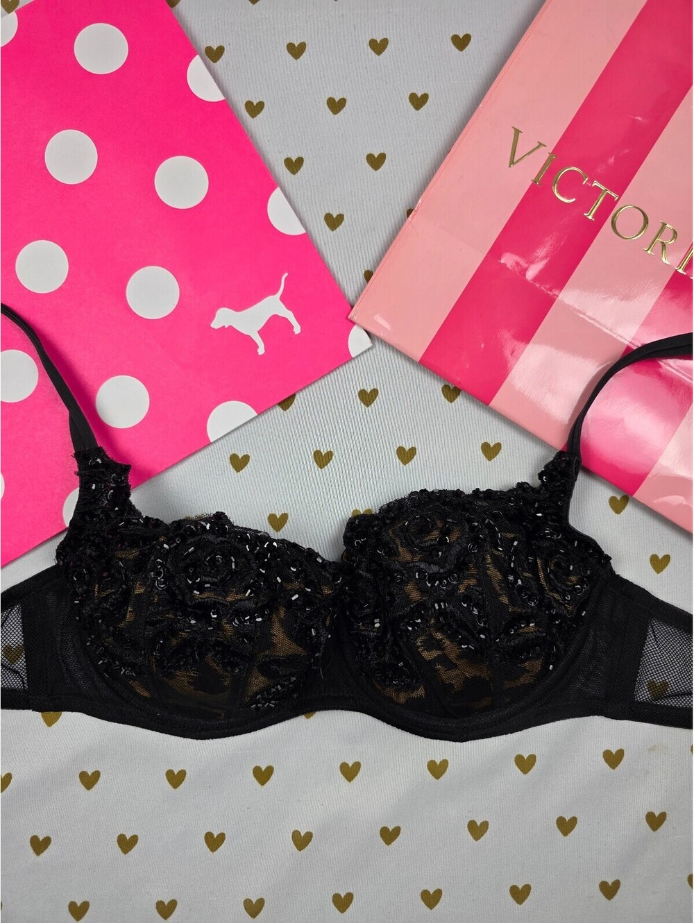 Vintage 2002 Victoria's Secret Black Beaded Lace Bra 34A Embroidered Y2K Leopard
